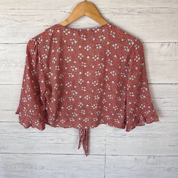 Lulus Top Womens SZ Small Carnation Crush Terracotta Floral Print Ruffle Travel - Picture 11 of 14